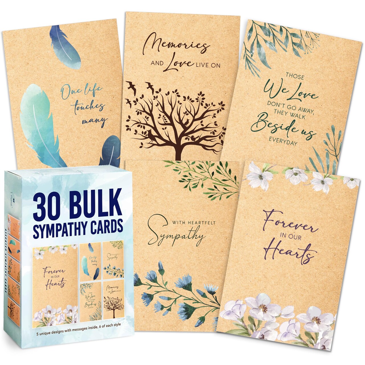 30 Sympathy Cards Assortment Box with Envelopes - 4x6” Kraft Style Bulk Condolence Cards - Assorted Sympathy Cards With Heartfelt Messages Inside for Funeral